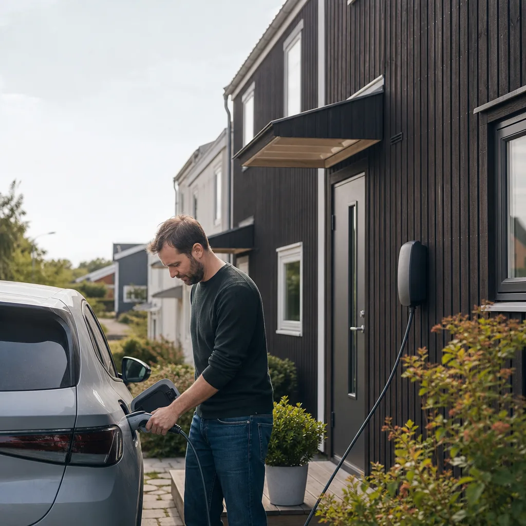 Mekaniker inspekterar elbilsbatteri i verkstad