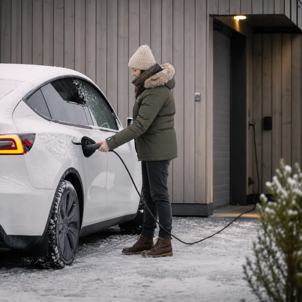 Elbil parkerad vid isig nordisk sjö om vintern