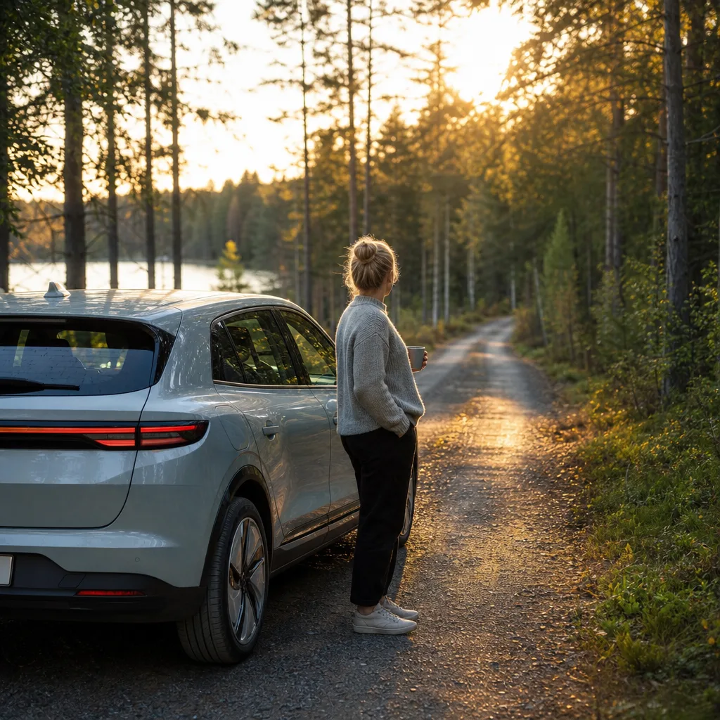 Interiör i liten retro-modern elbil med ljus tyg och trä