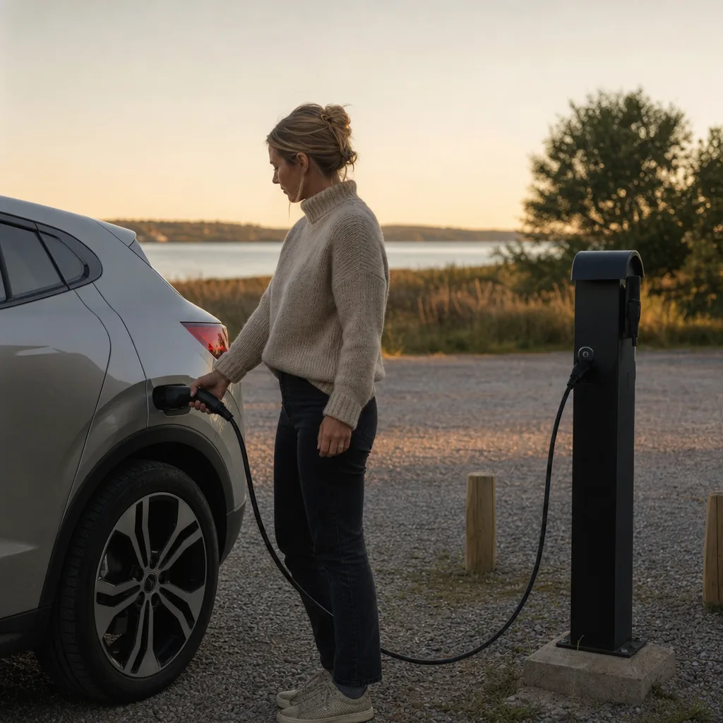 Pastellblå retro-modern liten stadsbil elektrisk på cobblestone-gata