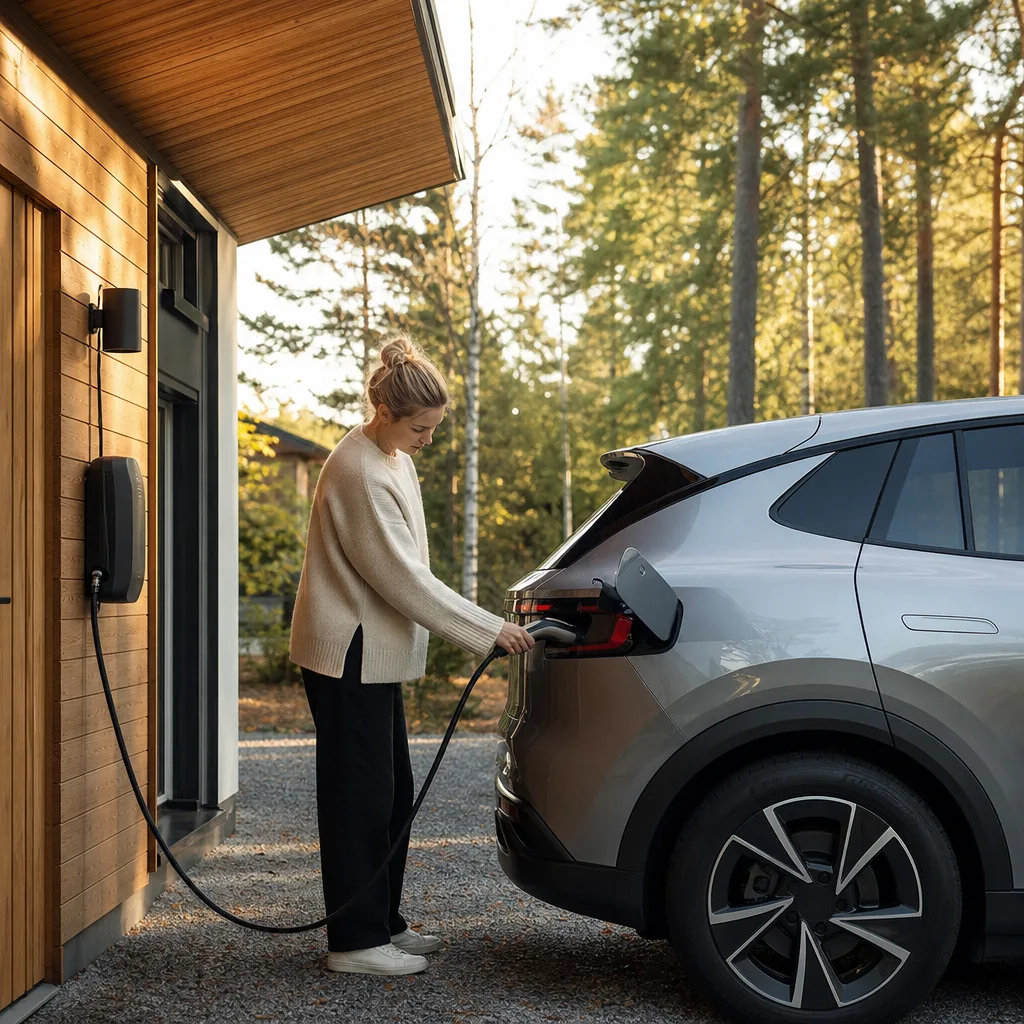 Compact crossover elbil ansluten till laddstolpe i stadsmiljö