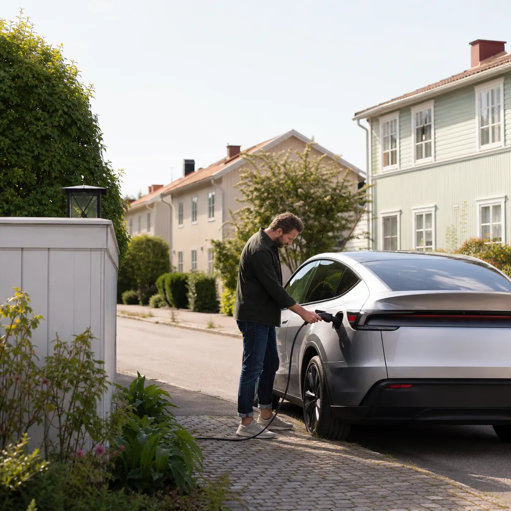 Mörkgrön sport-SUV elektrisk vid Nordic herrgård