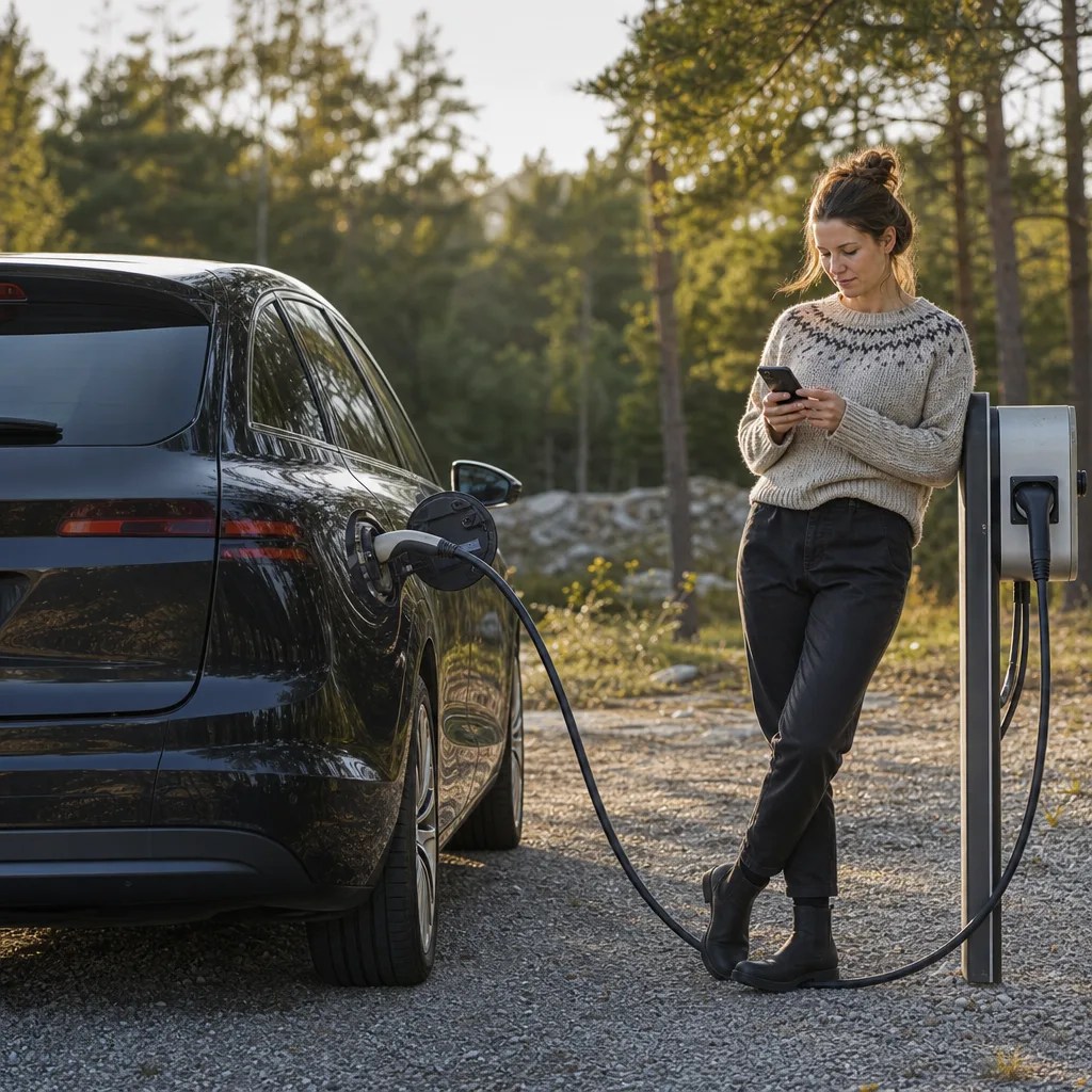 Sleek crossover elbil i nordisk gatumiljö