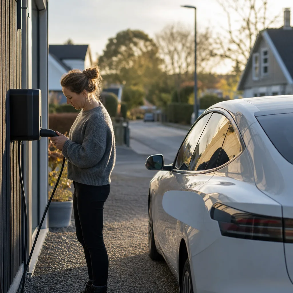 Laddbox monterad på husfasad i nordiskt villaområde