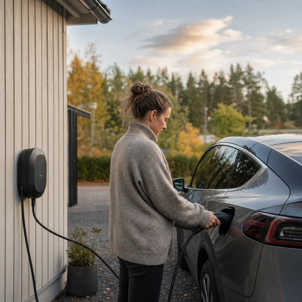 Vägghängd laddbox på svensk villa i vinterljus