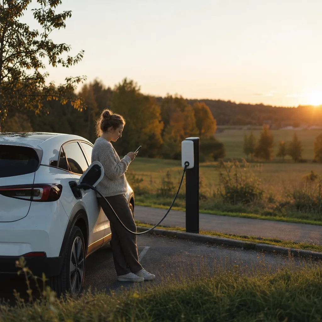 Premium SUV elbil parkerad utanför designhotell vid skymning