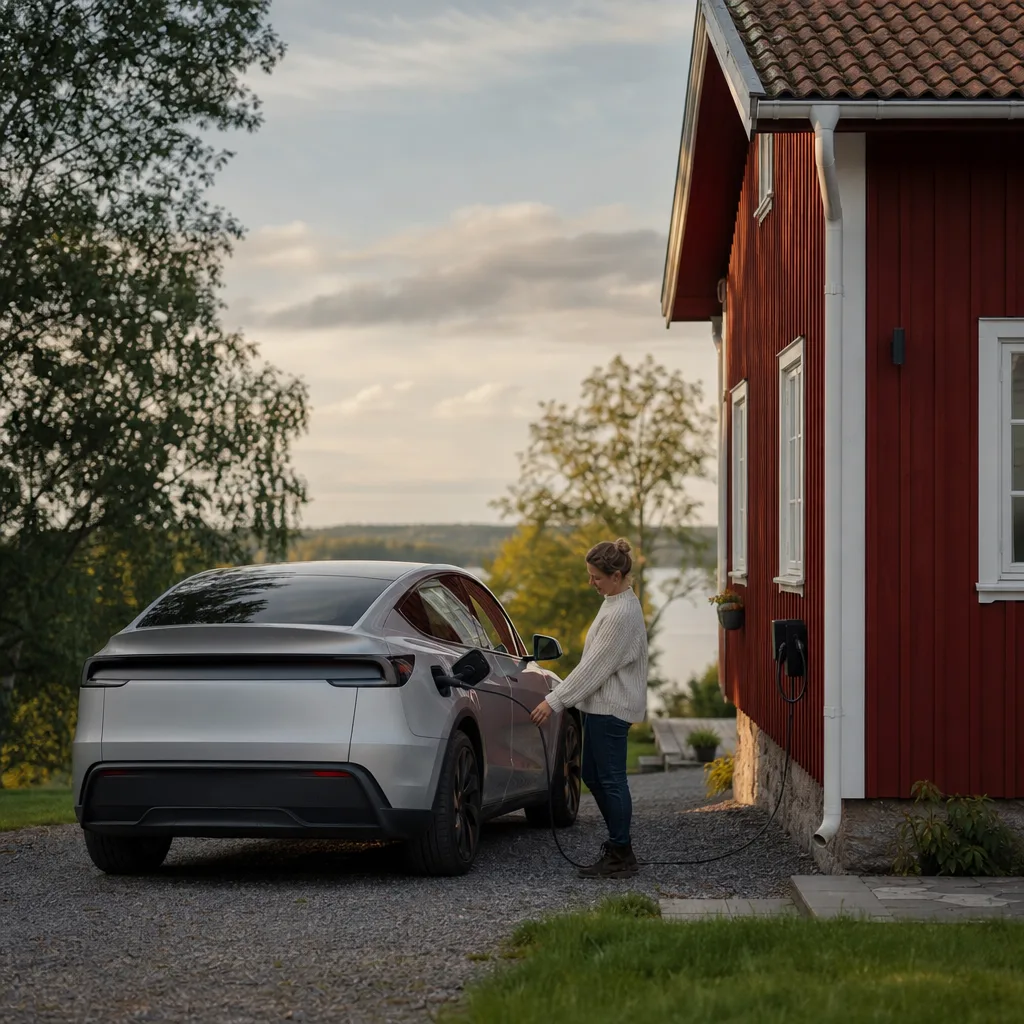 Premium SUV elbil i lågmäld kvällsbelysning på asfaltsled