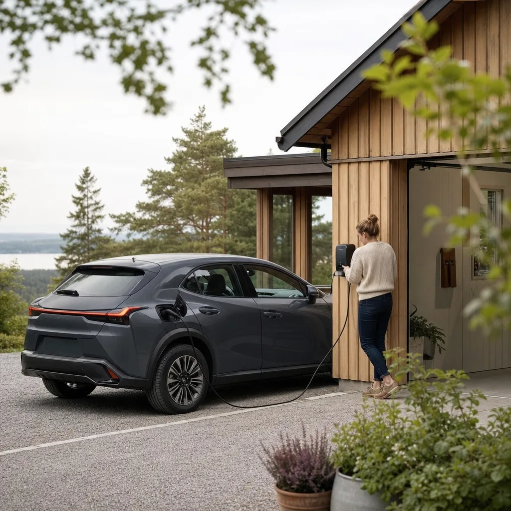 Premium compact crossover elbil i lågmält ljus utanför designstudio