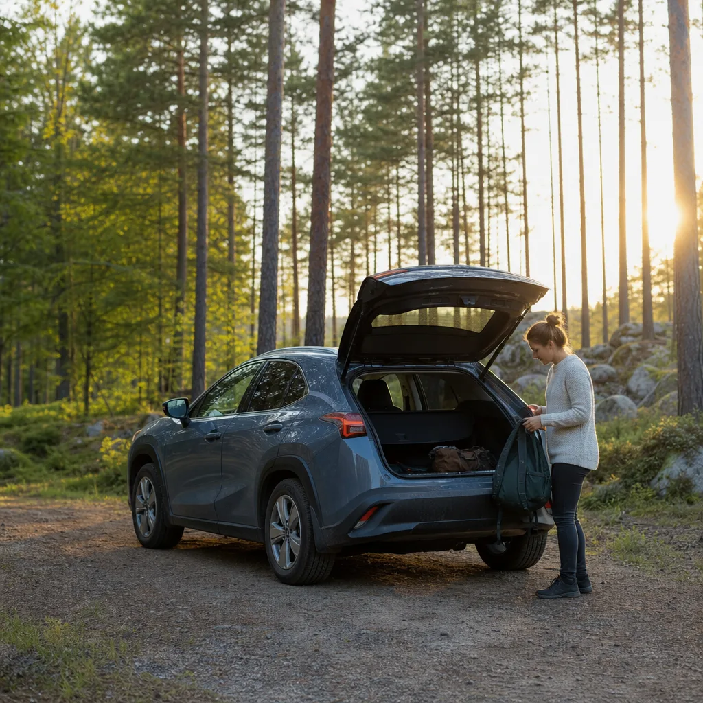 Premium compact crossover elbil på asfaltsväg med skog