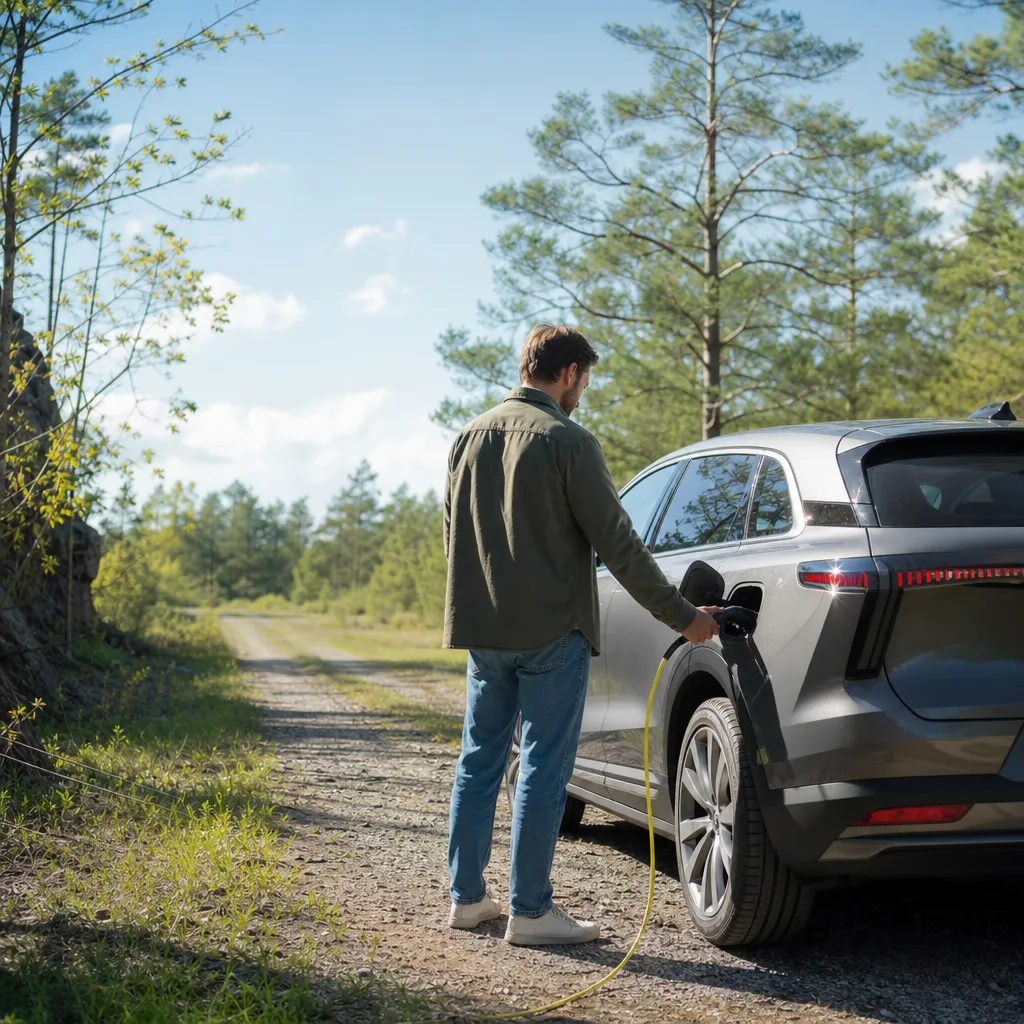 Motorhuv öppen på laddhybrid med synlig el-anslutning