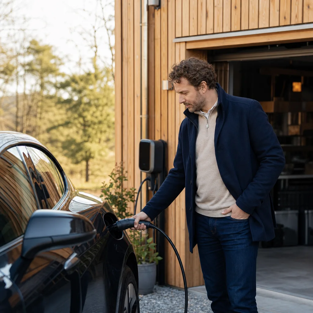 Crossover elbil parkerad vid kustlinje i kvällsljus