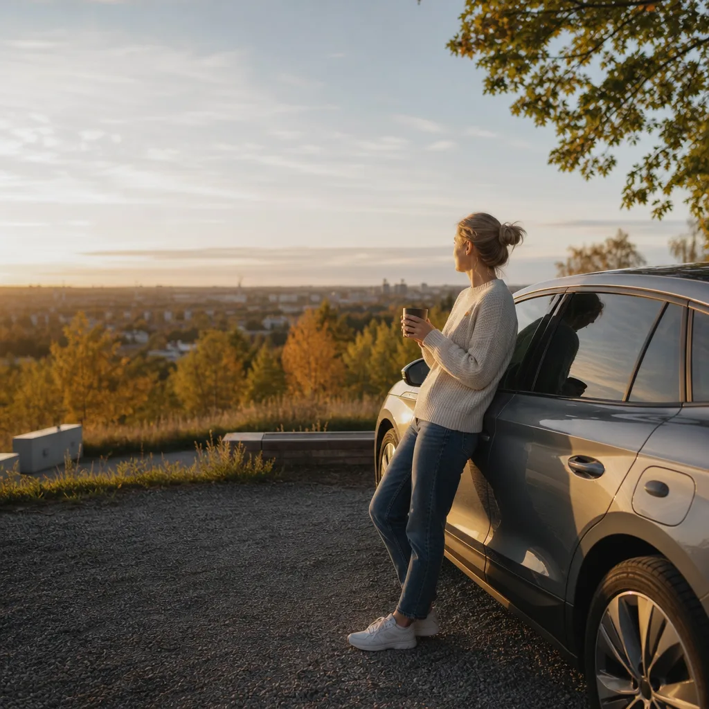 Elektrisk premium-SUV i silver vid Nordic villa