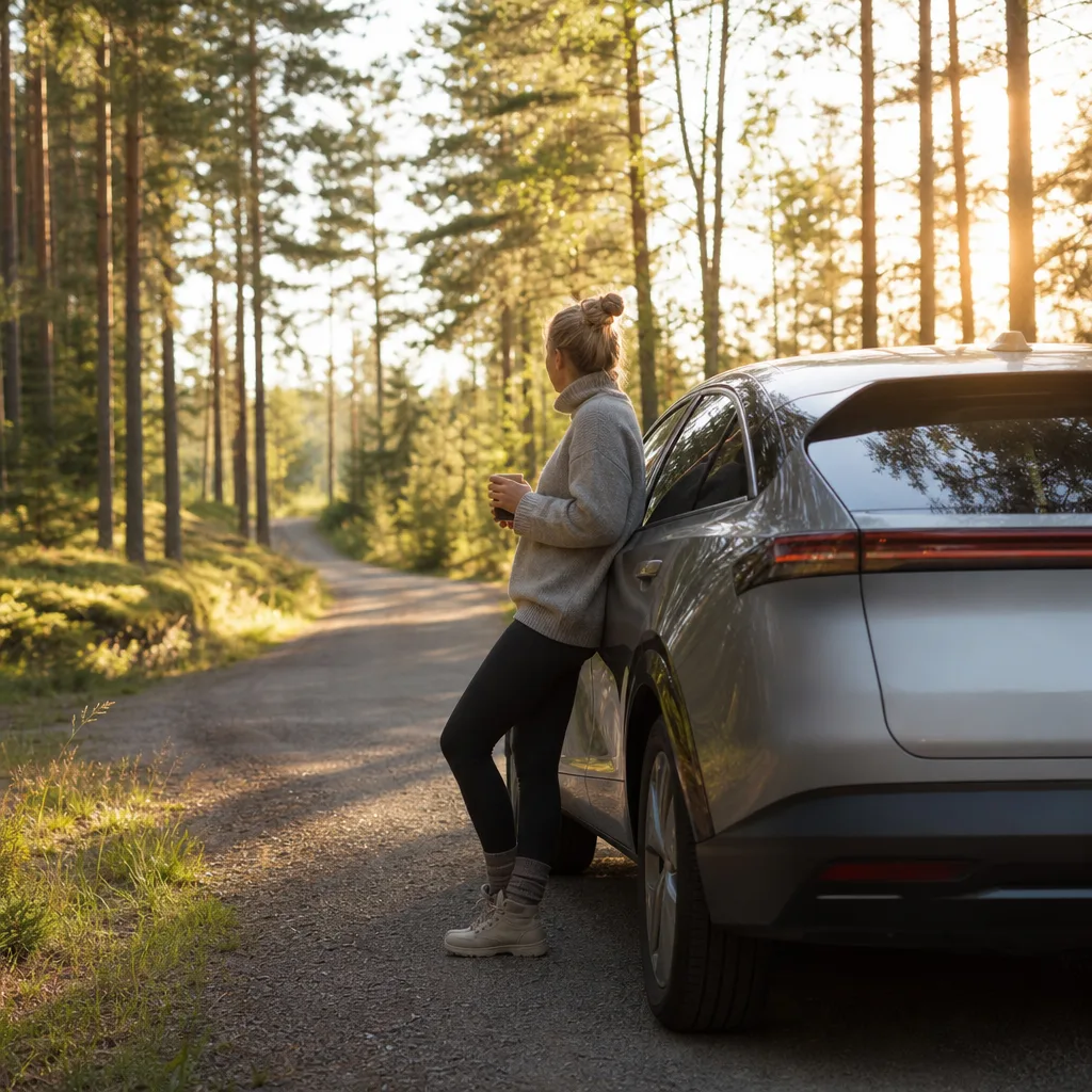 Svart elektrisk exekutivsedan på Nordic gata i blue hour