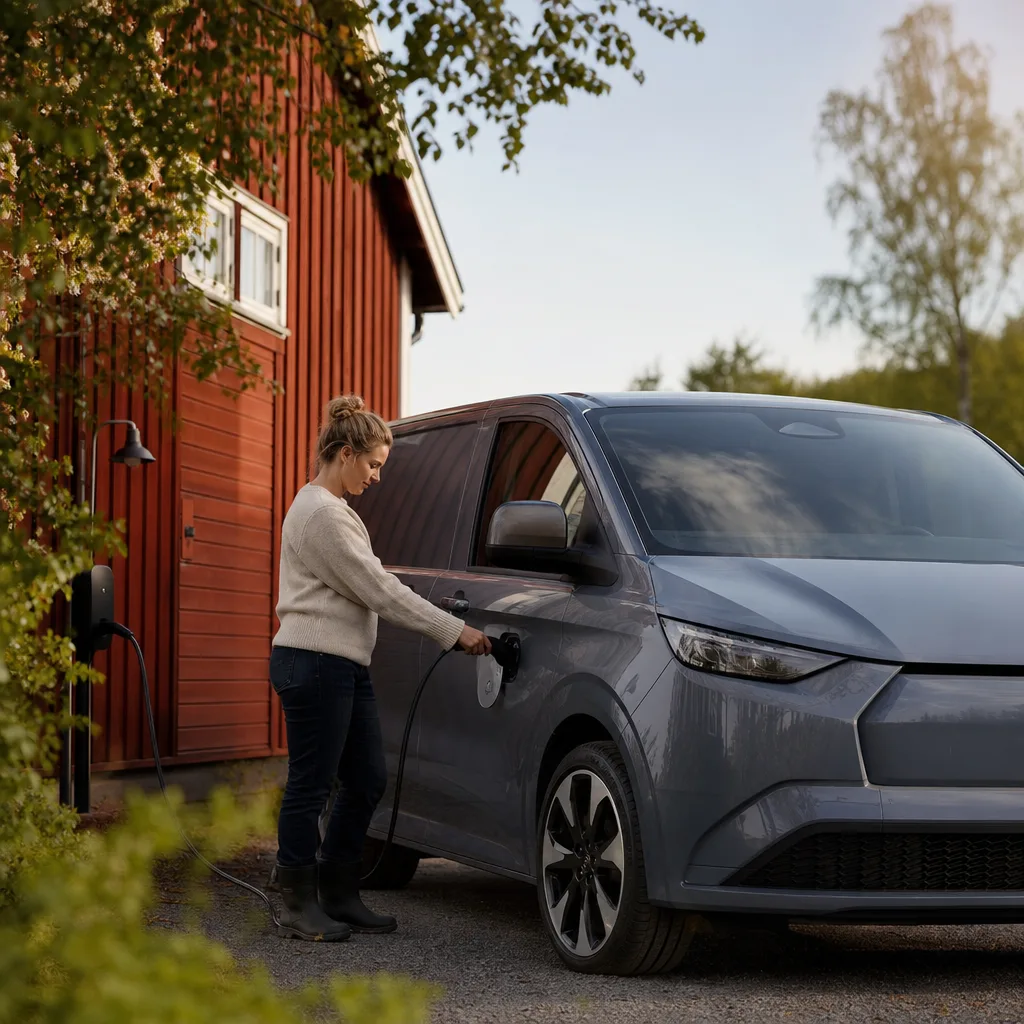 Vit elektrisk transportbil laddar vid industripark