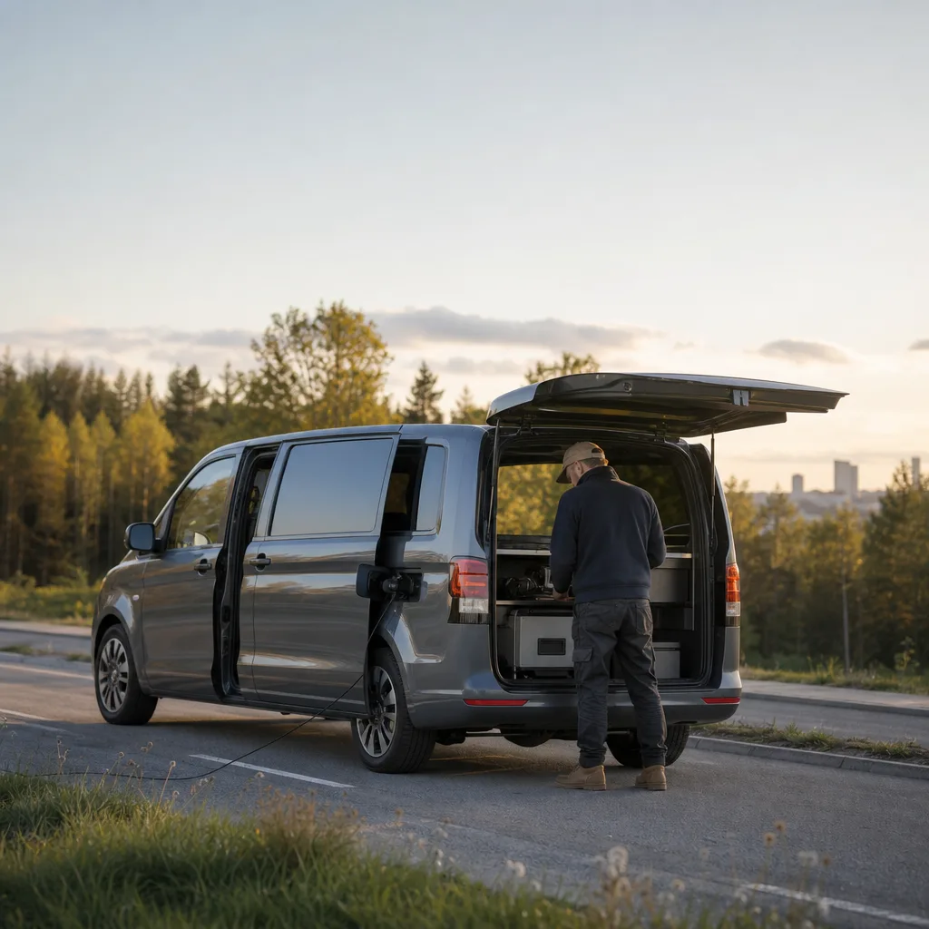 Vit elektrisk transportbil vid Nordic byggarbetsplats