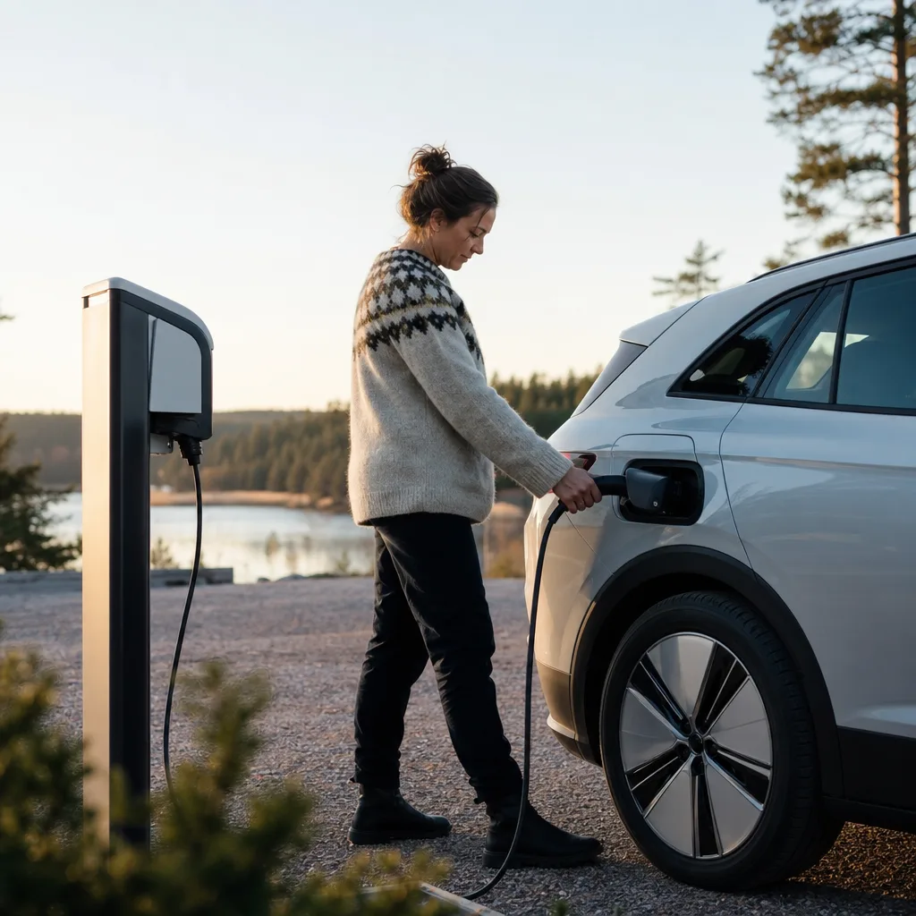 Family SUV elbil i sluttande sidoljus parkerad nära skog