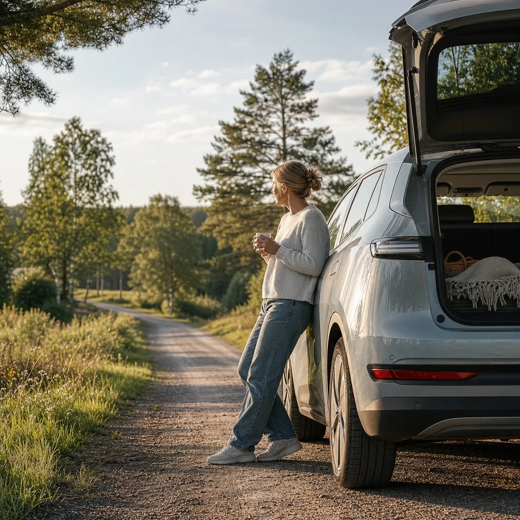 Eldriven family SUV vid Nordens skogsbryn