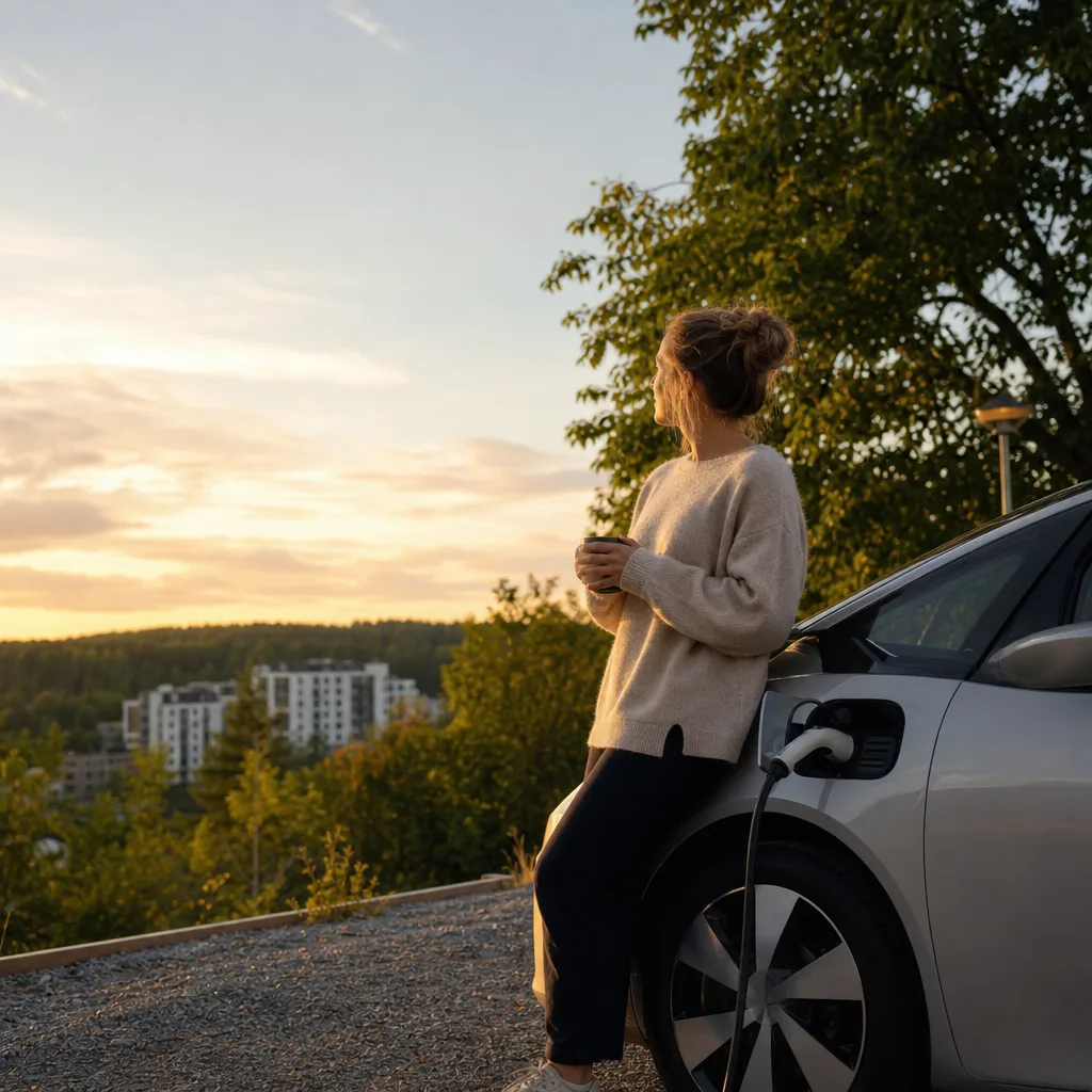 Family hatchback elbil på laddstation under blå himmel