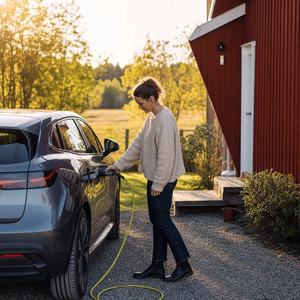 Eldriven familjebil parkerad vid nordisk villaentré