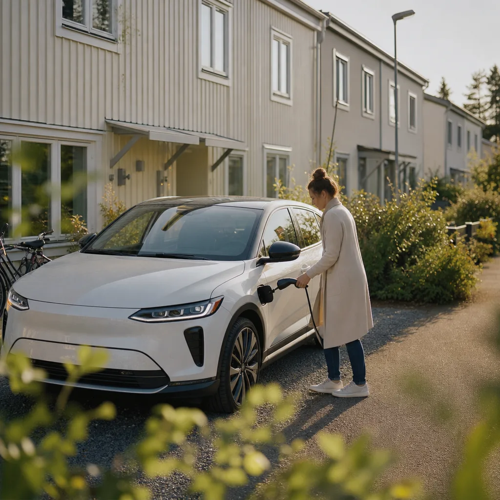 Compact hatchback elbil laddar nattetid vid offentlig laddstolpe