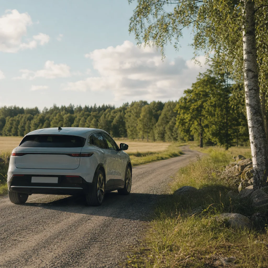 Compact hatchback elbil parkerad på nordisk stadsgata
