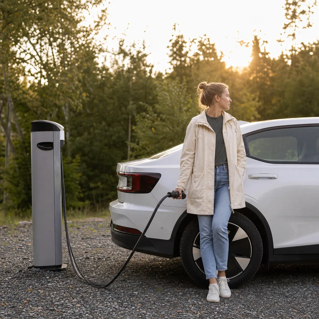 City elbil parkerad nära en grön park i tidig morgontimme