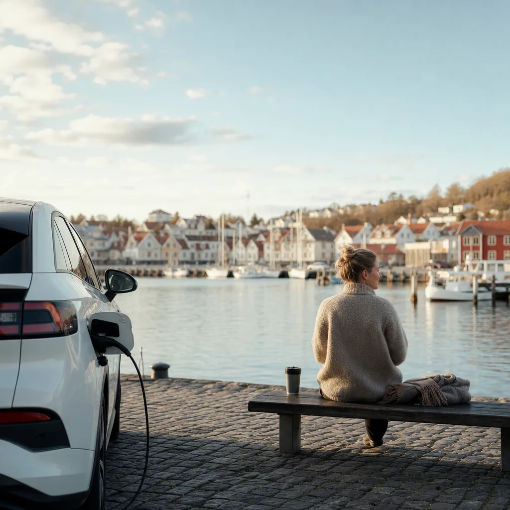 City car elbil parkerad i kullerstensgata med vintage prägel