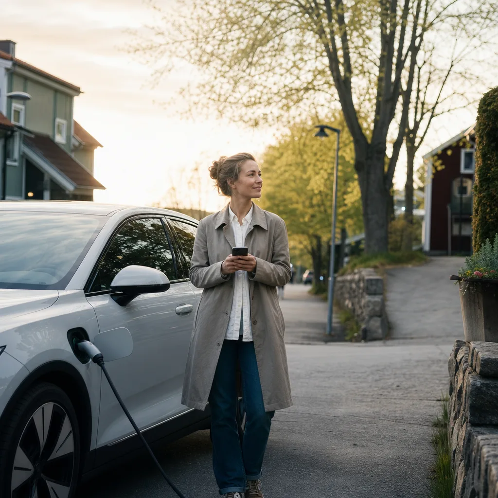 Family SUV elbil parkerad vid vilstuga i tidig morgon
