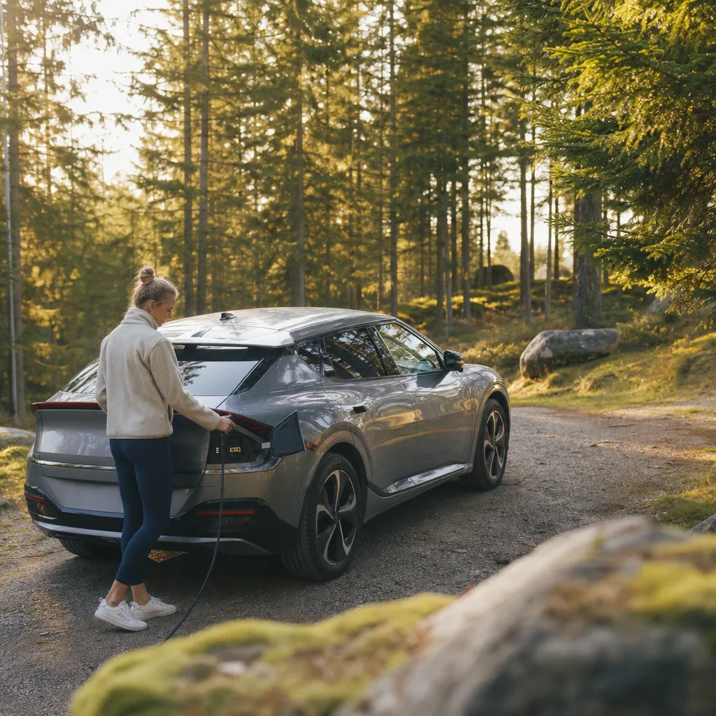 Tesla vid snabbladdningsstation i svensk skog