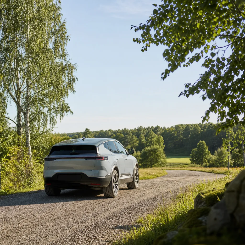 Tesla Model Y parkerad framför scandinaviskt hus