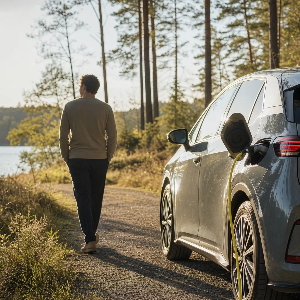 Frontstrålkastare på kompakt elhatchback i lätt regn