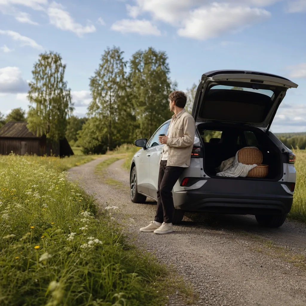 Interiör i familjeelektrisk SUV med panoramatak