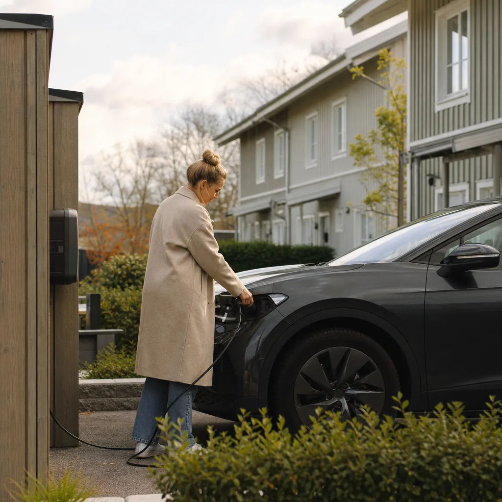 Beige familje-SUV elektrisk vid svenskt sommarhus