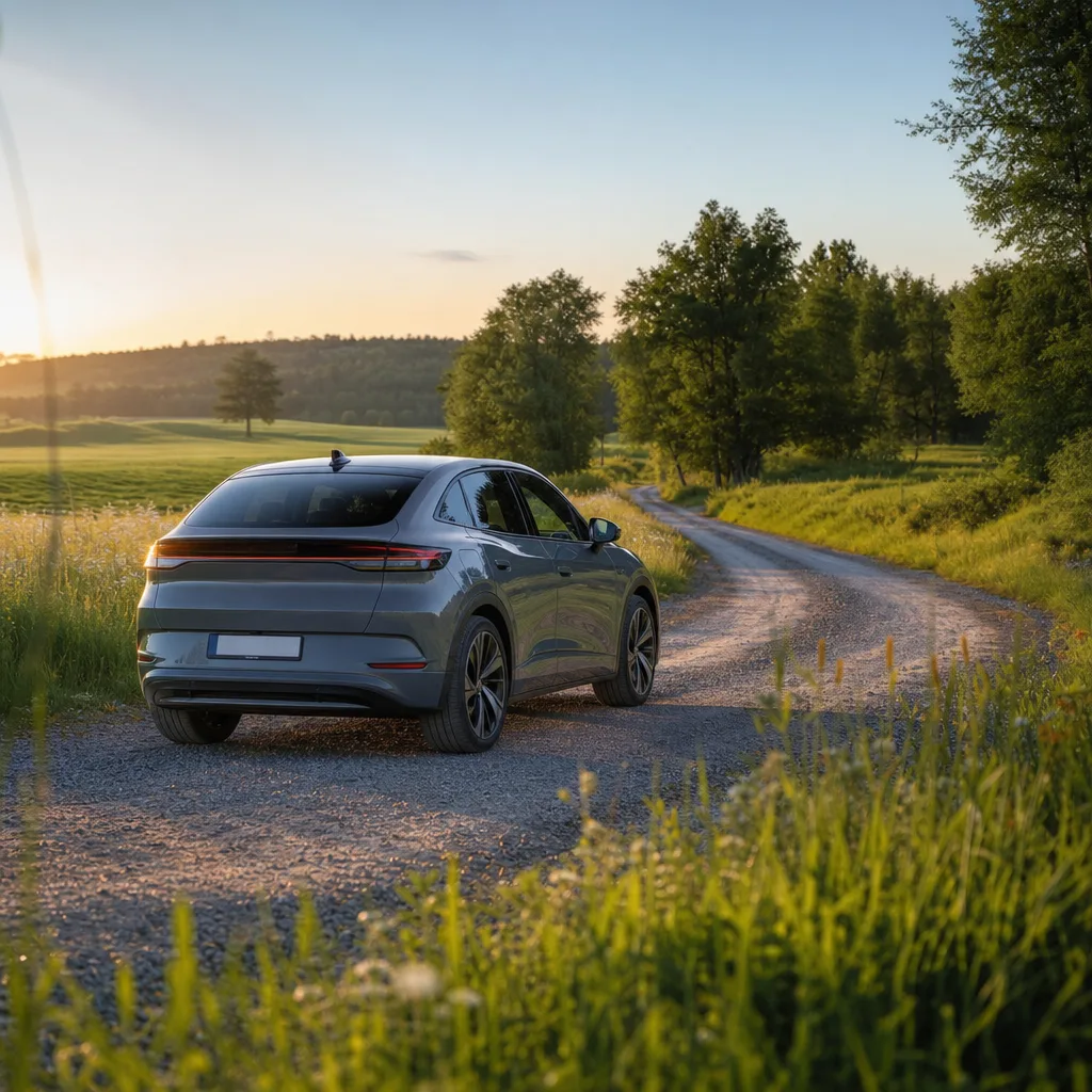 Mörkblå SUV-coupé elektrisk vid Nordic kustväg i solnedgång