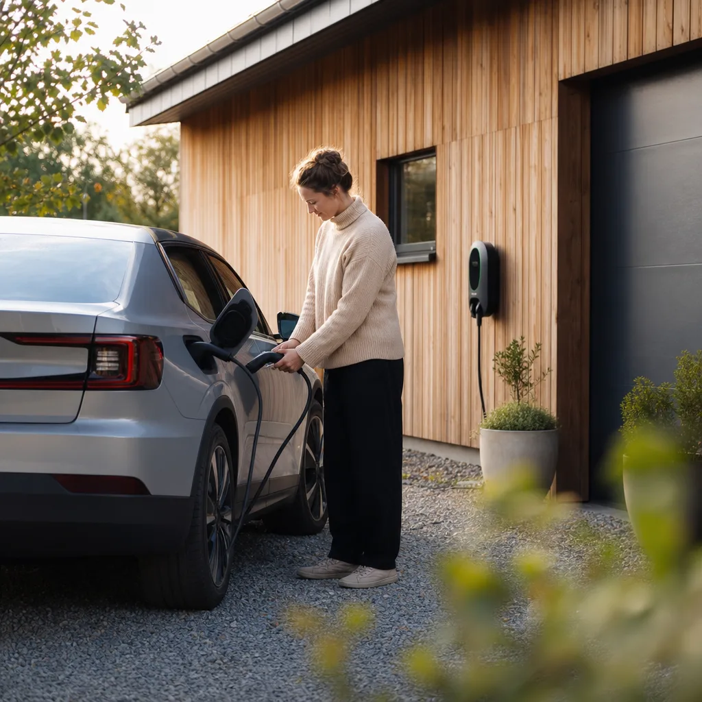 Elbil parkerad på uppfart vid bostadshus
